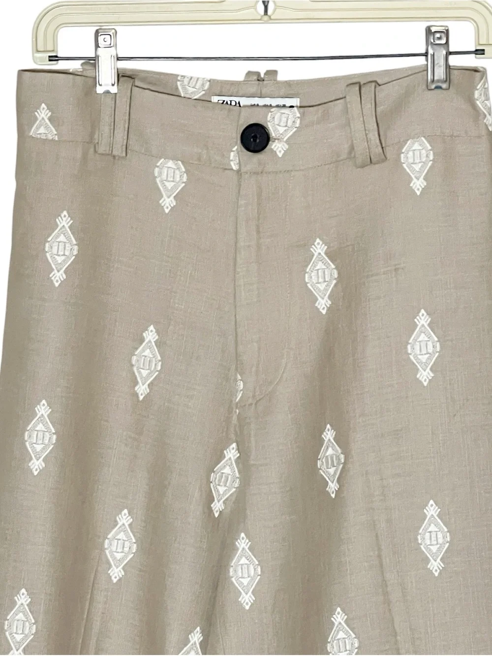 Zara tan linen embroidered wide leg trouser pants size S
